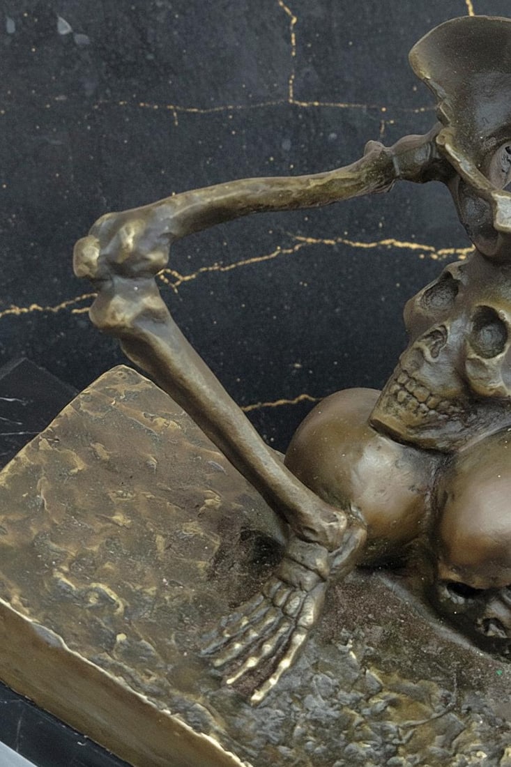 Skeleton Warrior on Skull Bronze Statue by Milo Modern Macabre Art Figure - 7