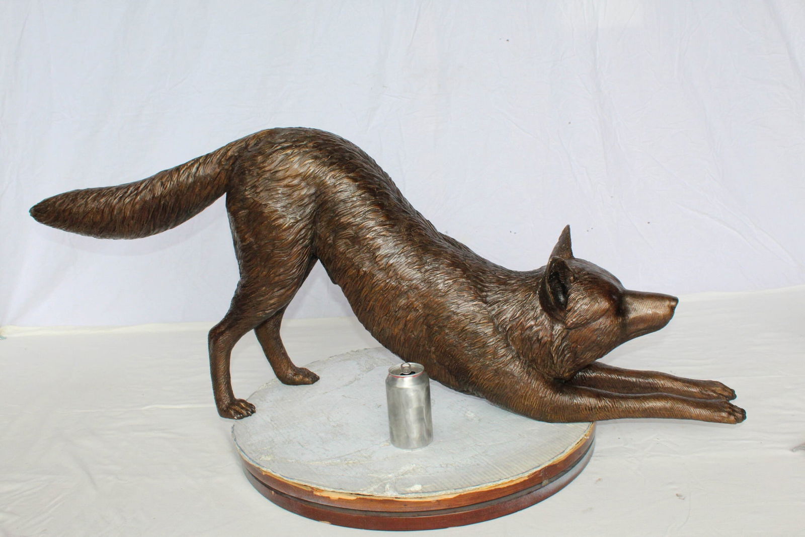 Bronze Wolf Stretching Statue - Handcrafted Lost Wax Wildlife Sculpture with Natural Patina Finish - 12