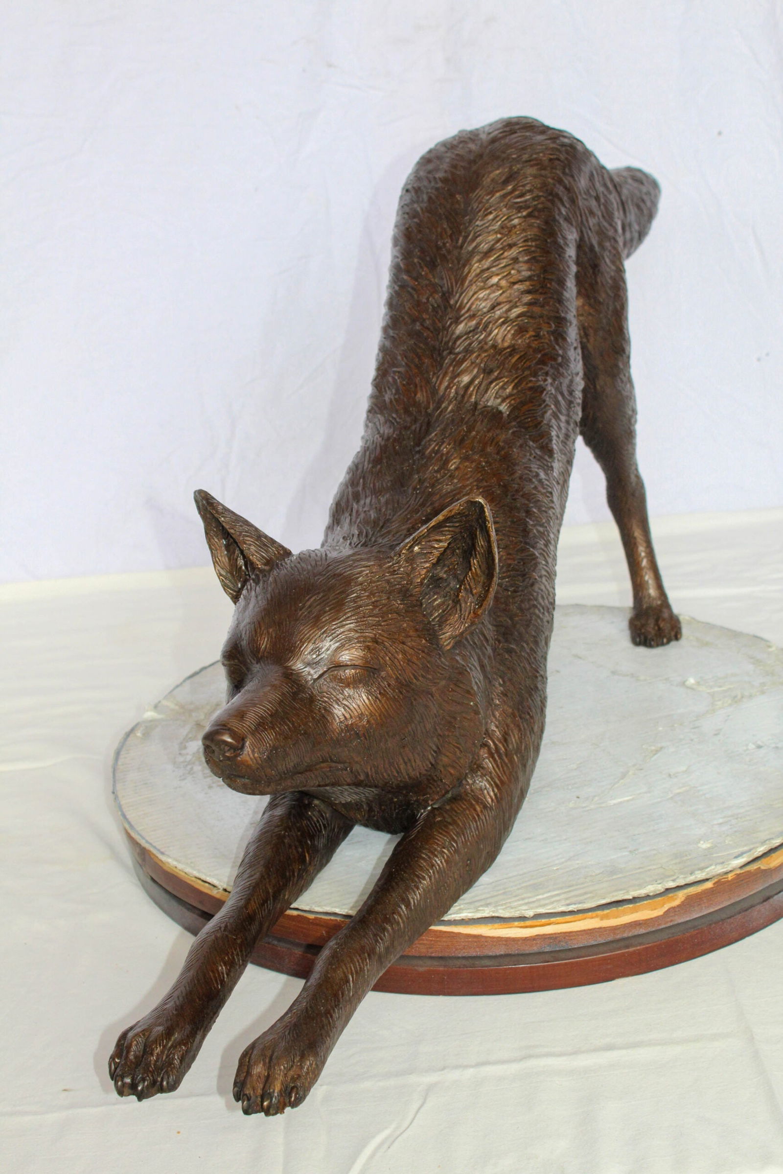 Bronze Wolf Stretching Statue - Handcrafted Lost Wax Wildlife Sculpture with Natural Patina Finish - 4