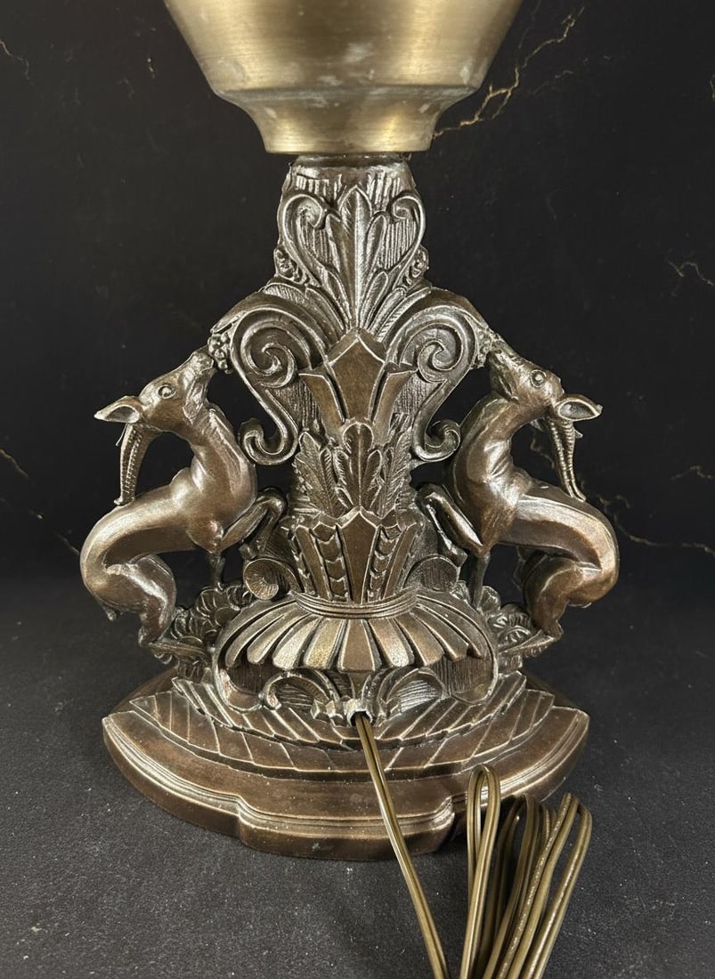 Antique Art Deco Reindeer Lamp Signed Cast Metal 1930s Boudoir Light Frost Shade - 10