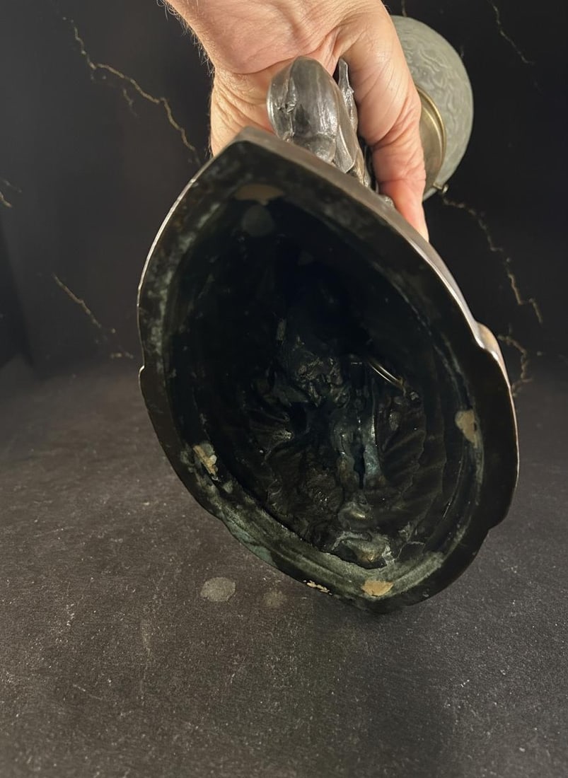 Antique Art Deco Reindeer Lamp Signed Cast Metal 1930s Boudoir Light Frost Shade - 12