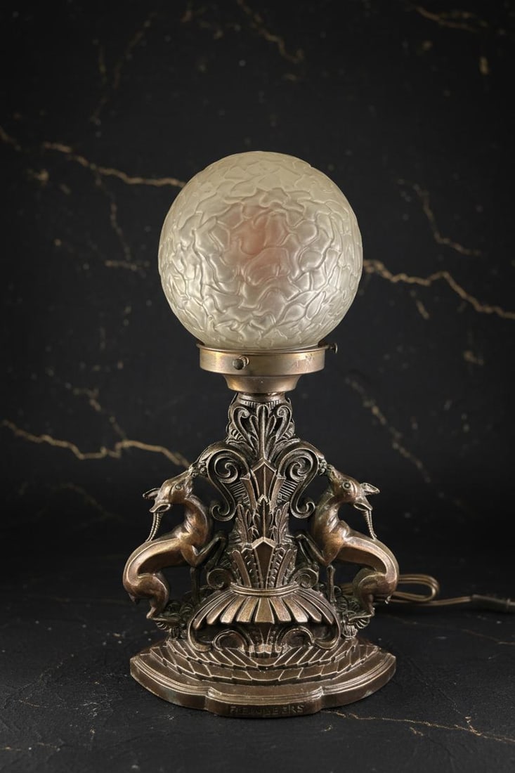 Antique Art Deco Reindeer Lamp Signed Cast Metal 1930s Boudoir Light Frost Shade: Title:Antique Art Deco Reindeer Lamp Signed Cast Metal 1930s Boudoir Light Frost ShadeDescription:This is a beautiful, signed Art Deco boudoir lamp from the 1920s to 1930s. It is a great piece in