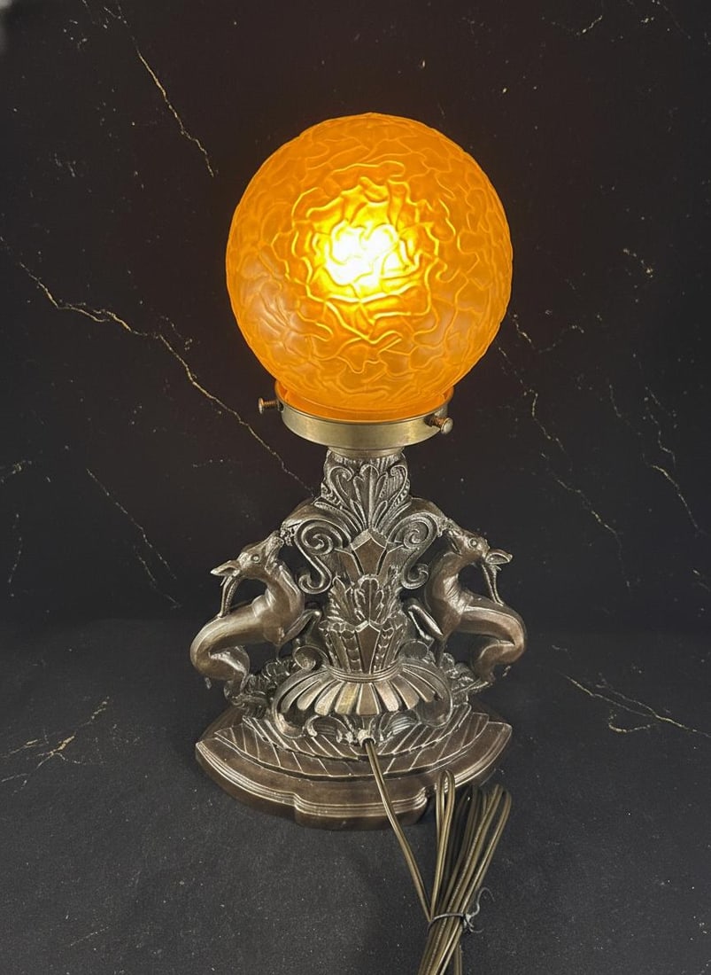 Antique Art Deco Reindeer Lamp Signed Cast Metal 1930s Boudoir Light Frost Shade - 3