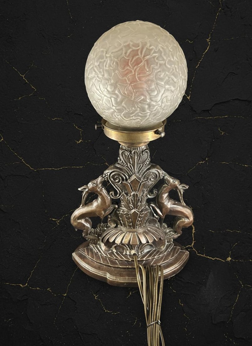 Antique Art Deco Reindeer Lamp Signed Cast Metal 1930s Boudoir Light Frost Shade - 4