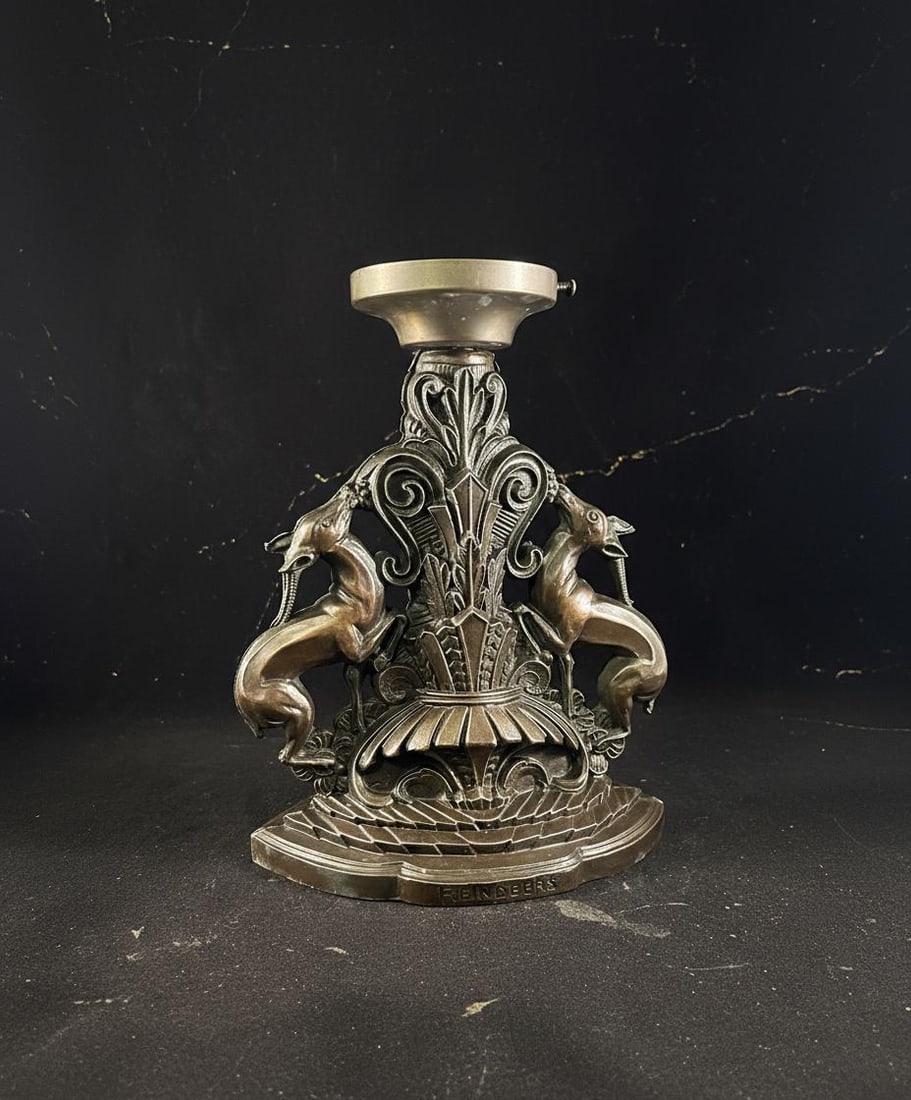 Antique Art Deco Reindeer Lamp Signed Cast Metal 1930s Boudoir Light Frost Shade - 5