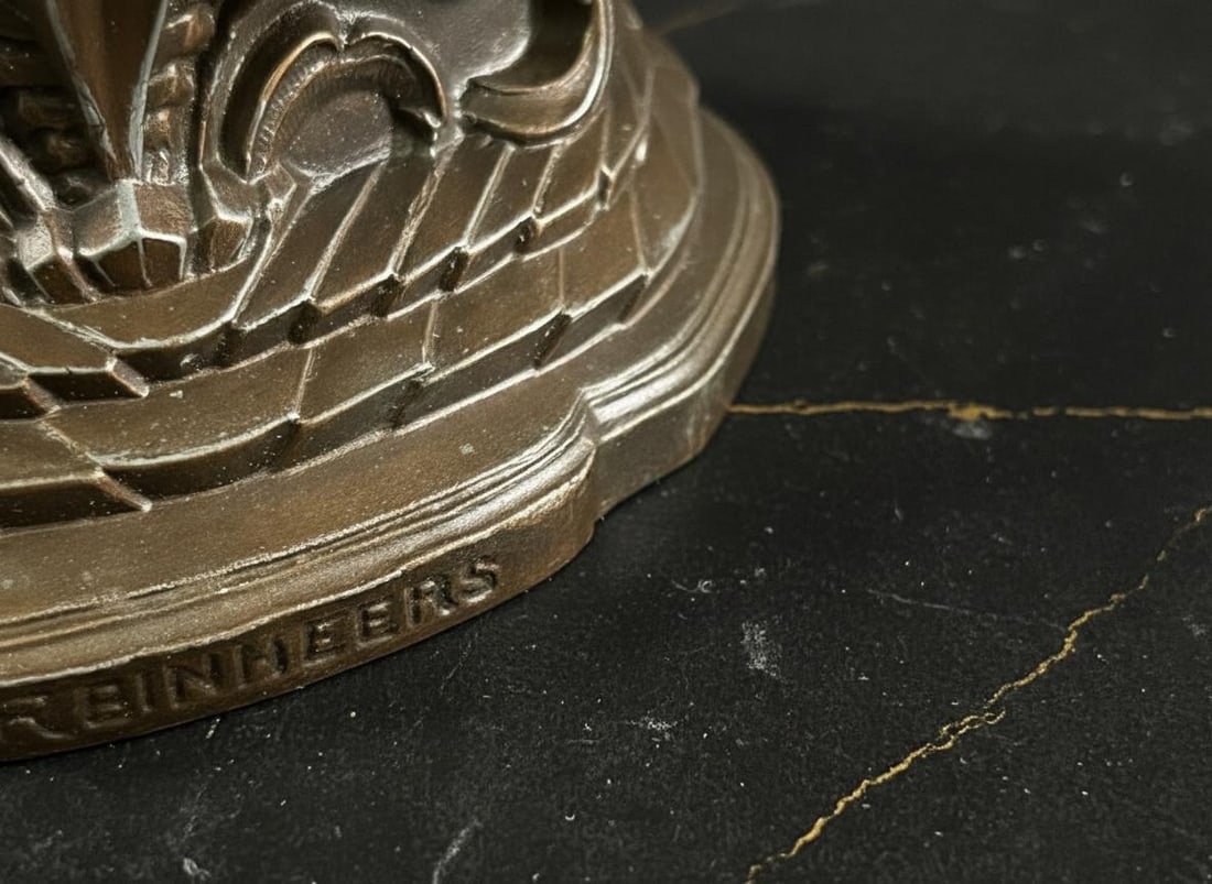 Antique Art Deco Reindeer Lamp Signed Cast Metal 1930s Boudoir Light Frost Shade - 6