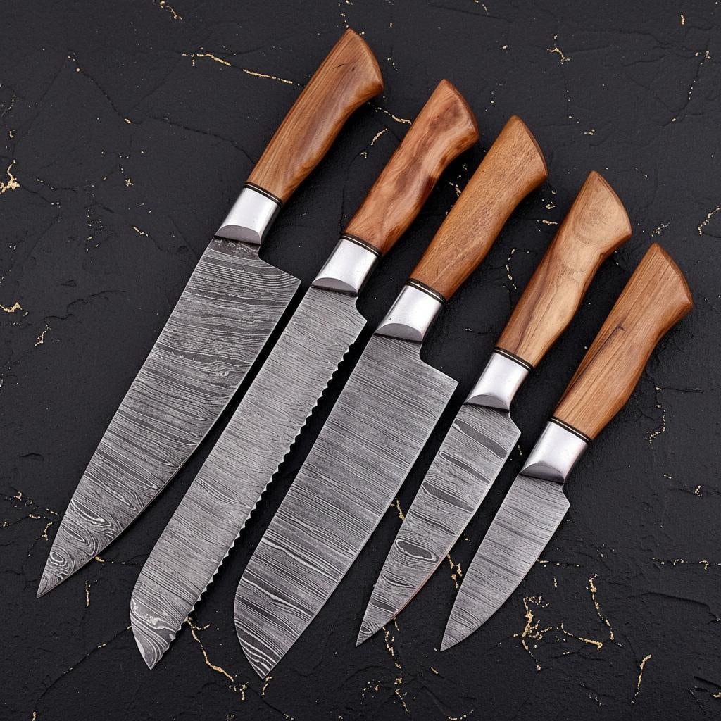 Hand Forged 5-Piece Kitchen Knife Set Twist Pattern Damascus Steel Chef Cutlery: Title:Hand Forged 5-Piece Kitchen Knife Set Twist Pattern Damascus Steel Chef CutleryDescription:Discover this custom 5-piece chef knife set, expertly hand forged from high-performance Damascus