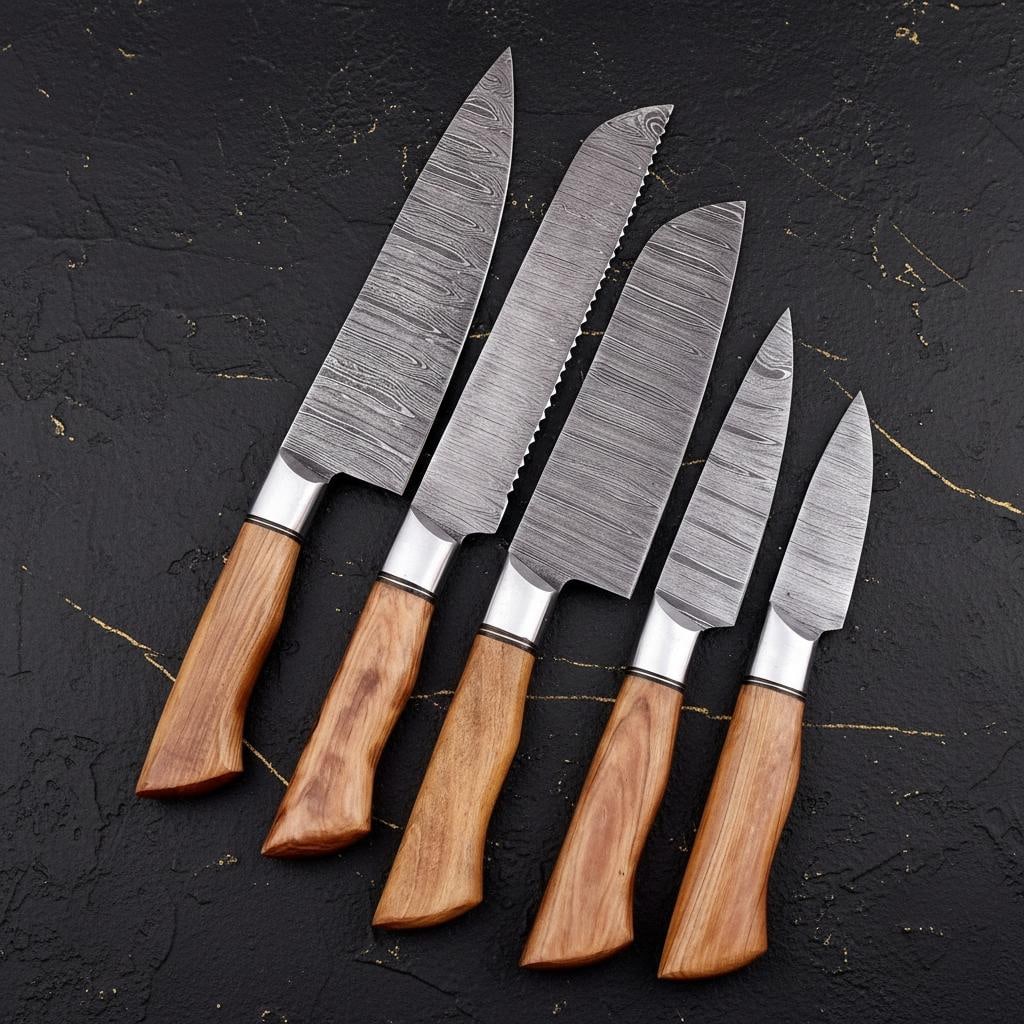 Hand Forged 5-Piece Kitchen Knife Set Twist Pattern Damascus Steel Chef Cutlery - 2