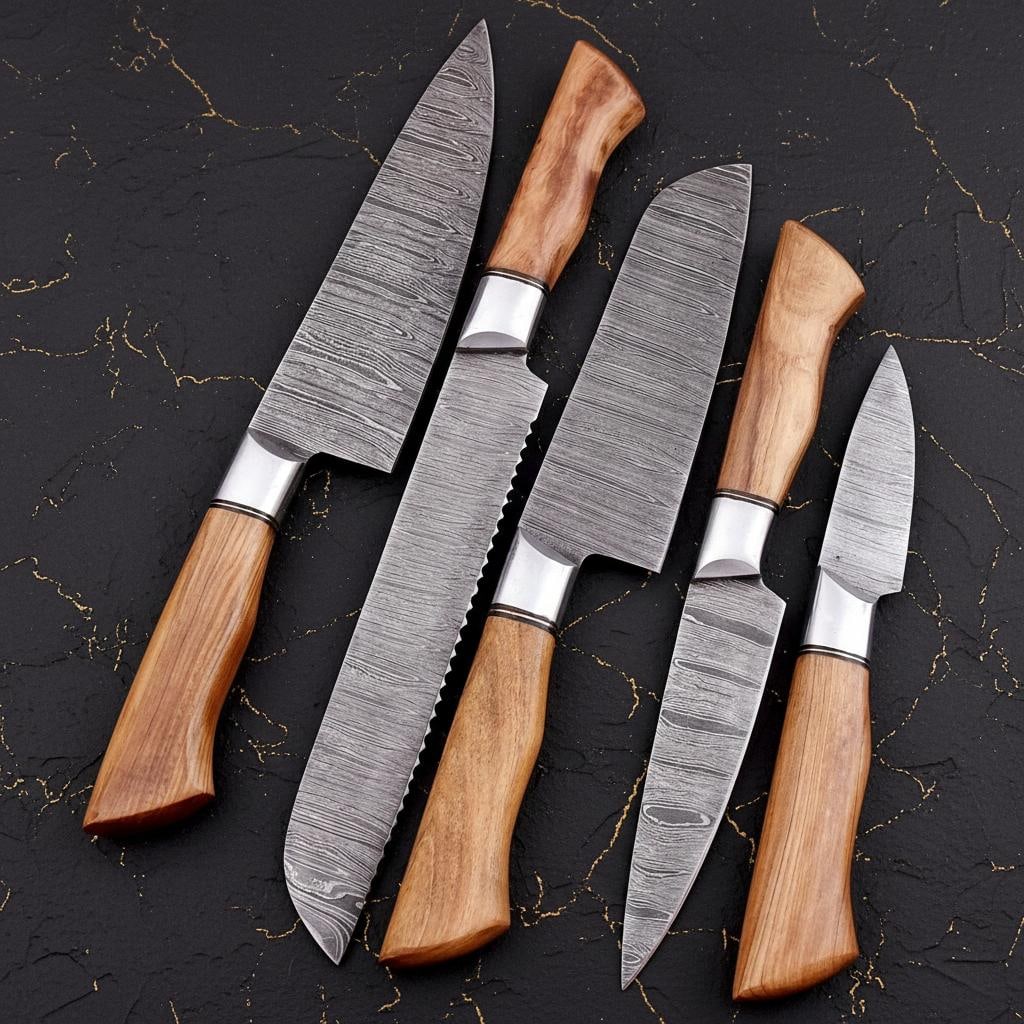 Hand Forged 5-Piece Kitchen Knife Set Twist Pattern Damascus Steel Chef Cutlery - 3