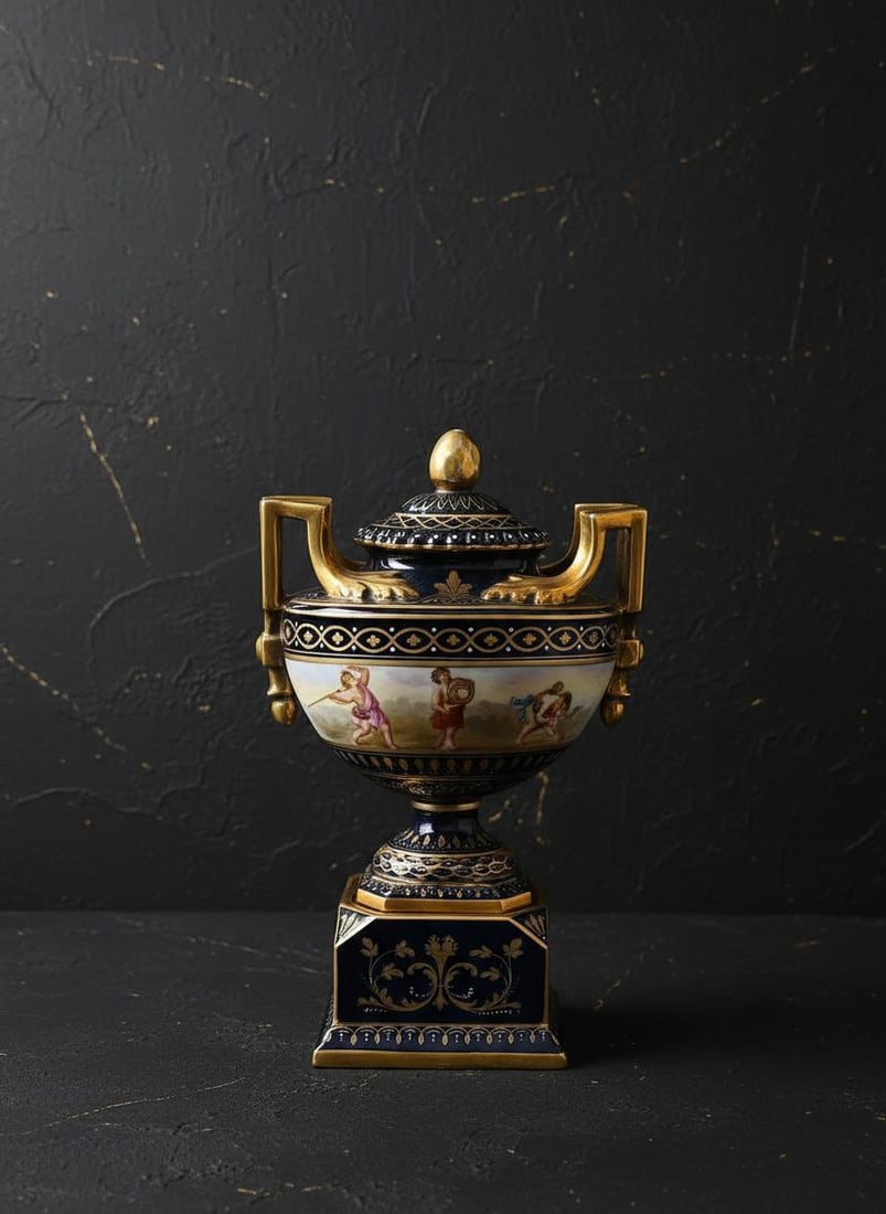 Antique Royal Vienna Hand Painted Porcelain Urn, 10" Lidded Austrian Vase - 10