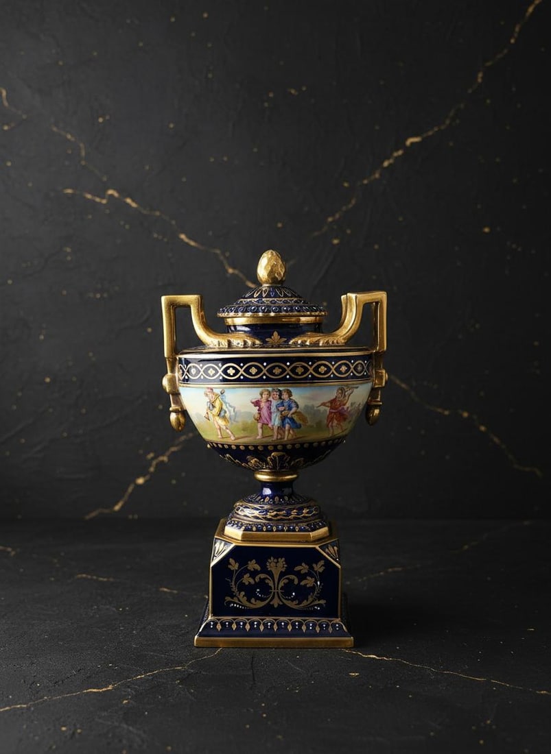 Antique Royal Vienna Hand Painted Porcelain Urn, 10" Lidded Austrian Vase - 2