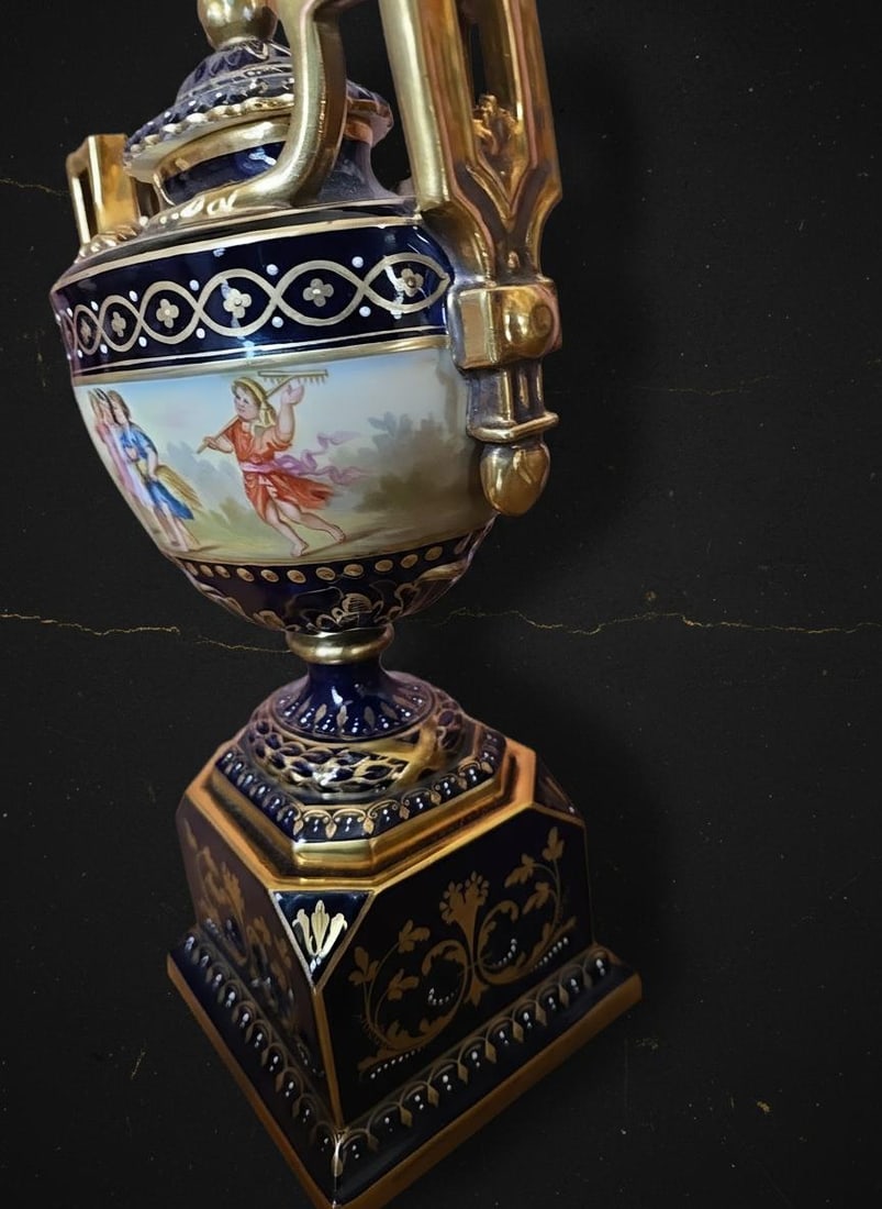 Antique Royal Vienna Hand Painted Porcelain Urn, 10" Lidded Austrian Vase - 3