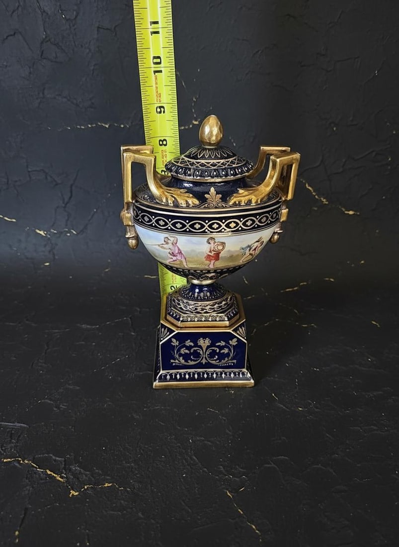 Antique Royal Vienna Hand Painted Porcelain Urn, 10" Lidded Austrian Vase - 9