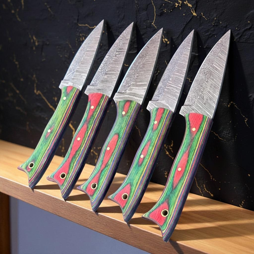 Handmade 5-Piece Damascus Steel Steak Knife Set with Pakka Wood Handles - 5