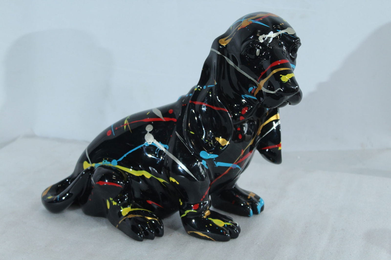 Resin Basset Hound Statue -Colorful Indoor/Outdoor Dog Sculpture with Abstract Pain Design on Glossy - 10