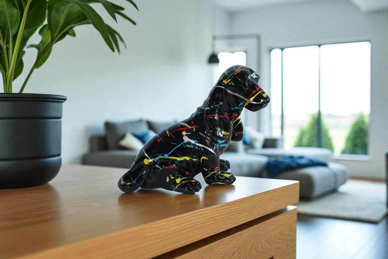 Resin Basset Hound Statue -Colorful Indoor/Outdoor Dog Sculpture with Abstract Pain Design on Glossy - 11