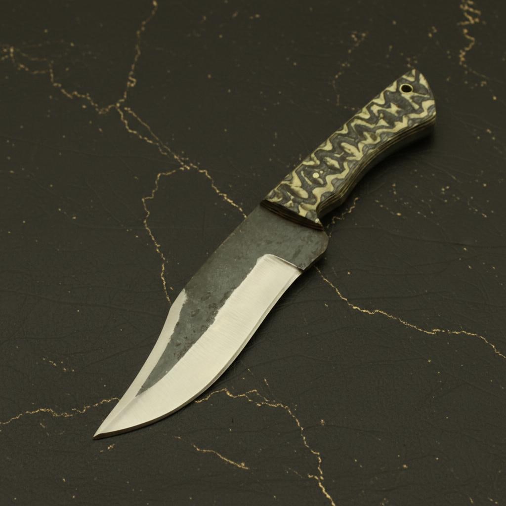 Olive Wood Handle Fixed Blade Hunting Knife, Hand Forged from Carbon Steel Railroad Spike: Title:Olive Wood Handle Fixed Blade Hunting Knife, Hand Forged from Carbon Steel Railroad SpikeDescription:This is a unique, hand forged hunting knife crafted from a genuine carbon steel railroad