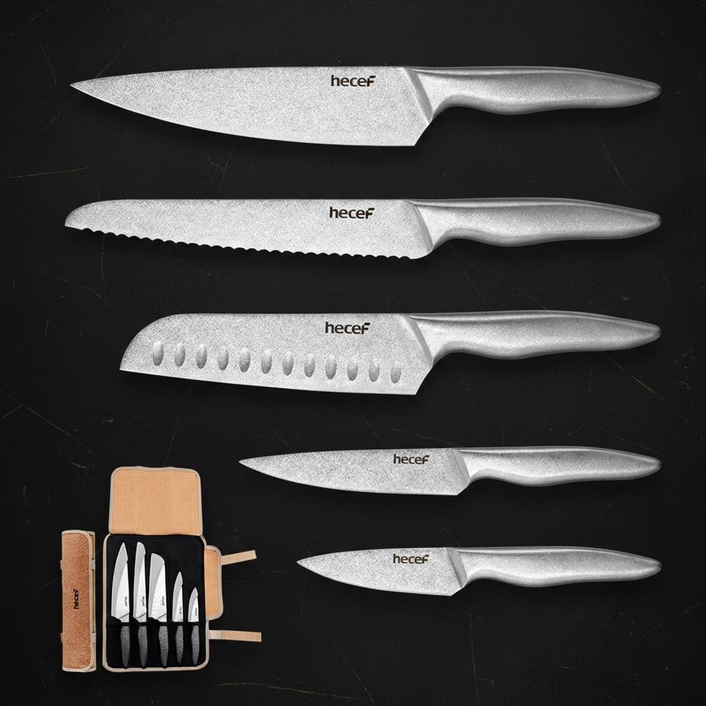 Professional 5pc Chef Knife Set with Roll Bag Stonewashed Stainless Steel Cutlery - 3