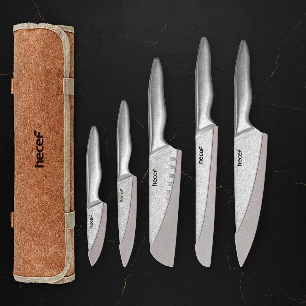 Professional 5pc Chef Knife Set with Roll Bag Stonewashed Stainless Steel Cutlery - 8