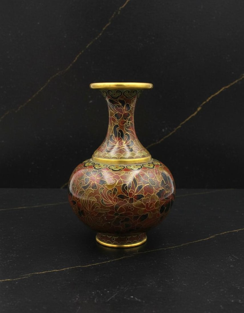 Painted Floral Ceramic Vase with Blue Bottom, 5 Inch Vintage Chinese Cloisonne Style (1 of 7)