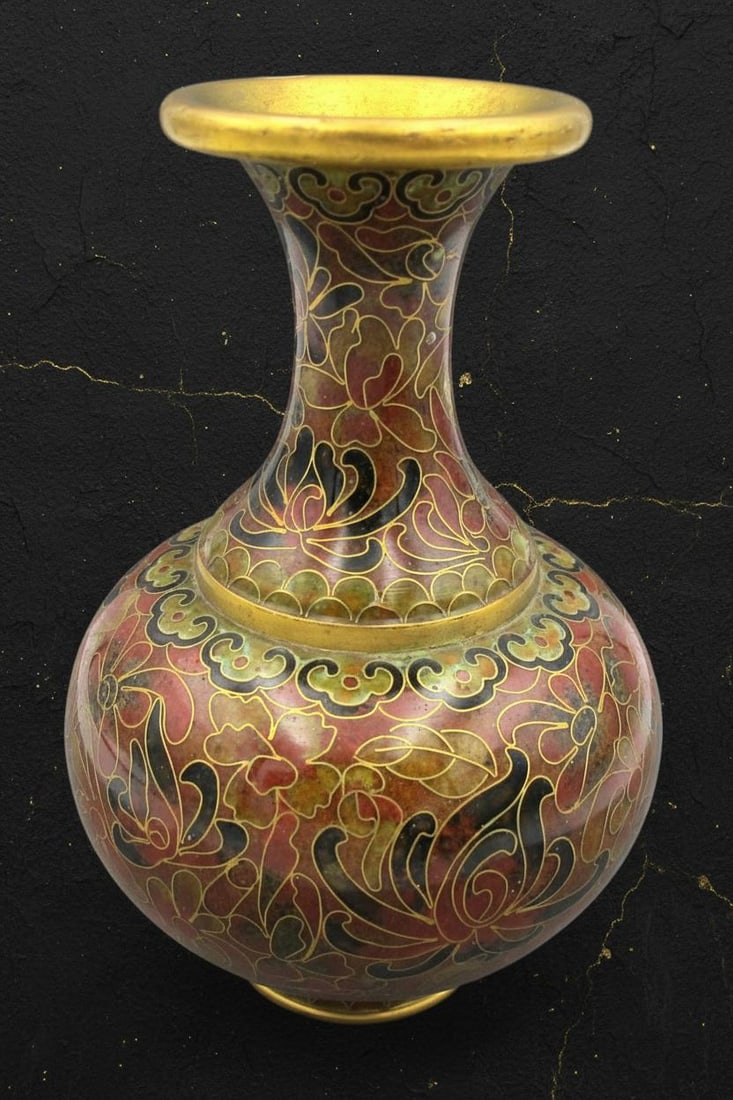 Painted Floral Ceramic Vase with Blue Bottom, 5 Inch Vintage Chinese Cloisonne Style - 2