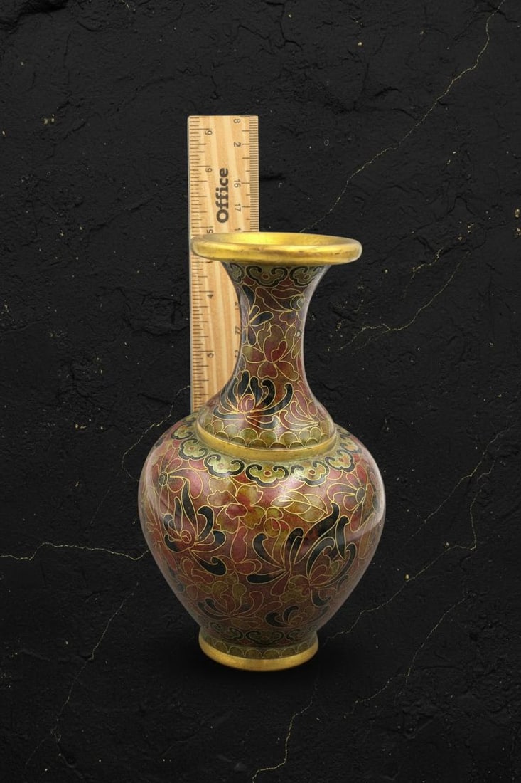 Painted Floral Ceramic Vase with Blue Bottom, 5 Inch Vintage Chinese Cloisonne Style - 3