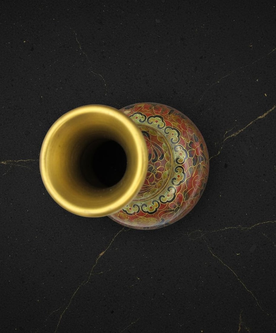 Painted Floral Ceramic Vase with Blue Bottom, 5 Inch Vintage Chinese Cloisonne Style - 4