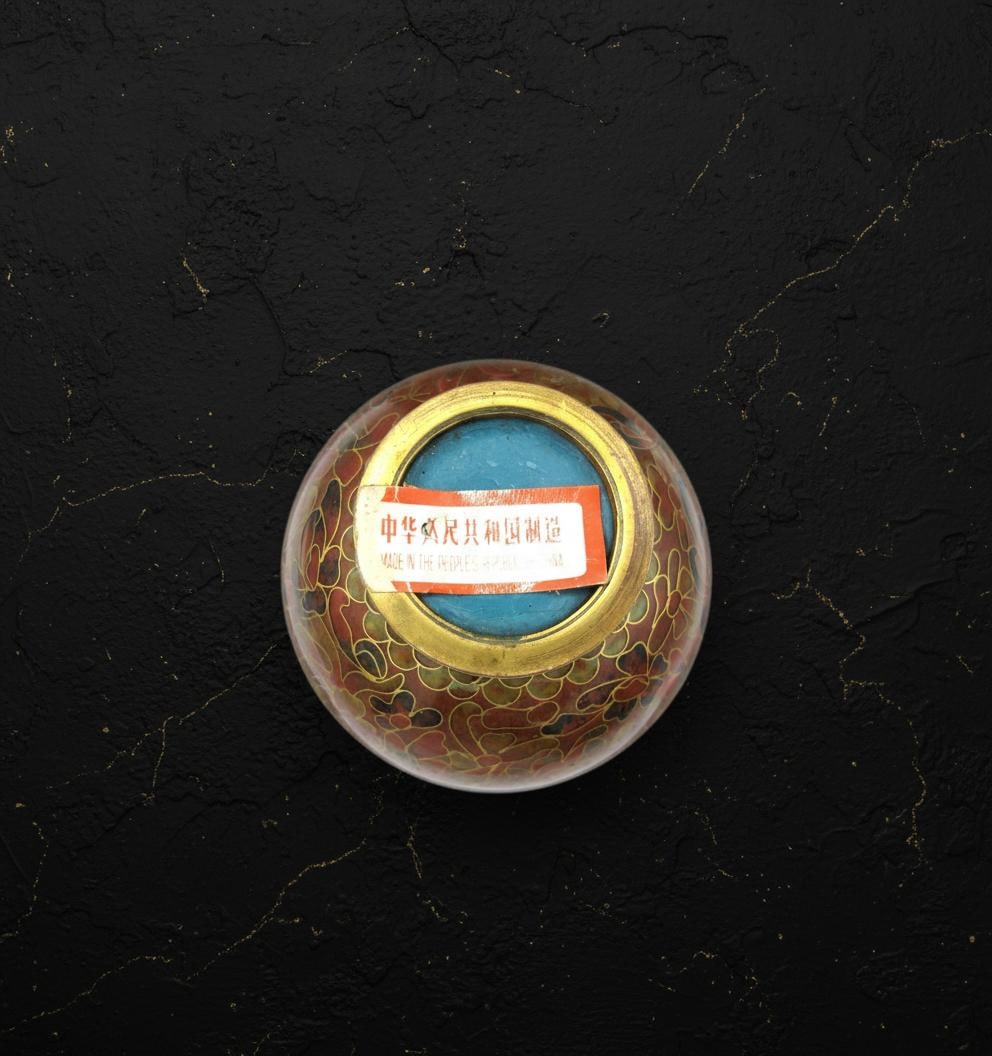 Painted Floral Ceramic Vase with Blue Bottom, 5 Inch Vintage Chinese Cloisonne Style - 5