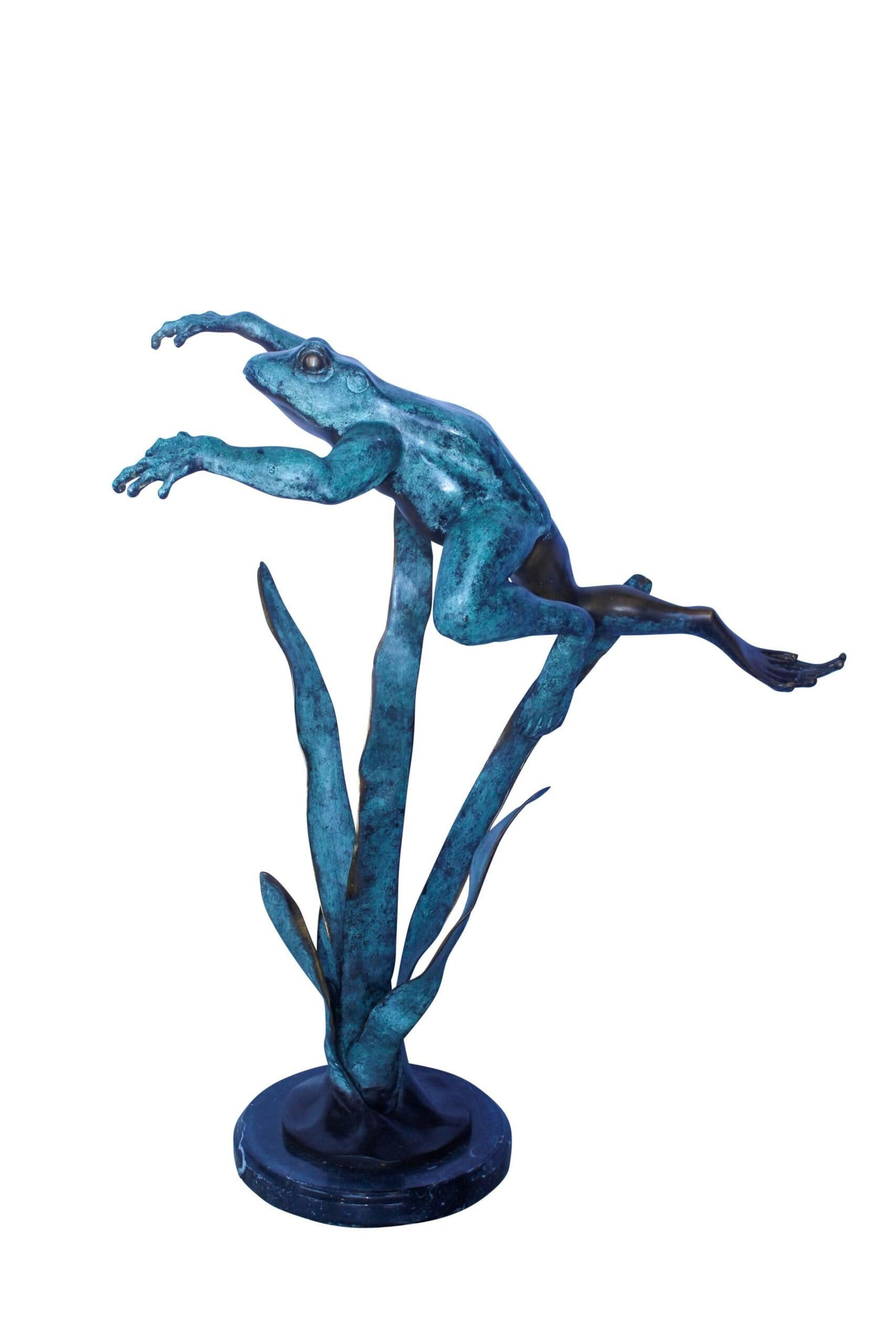 Frog Leaping Over Grass Bronze Statue 23" x 11" x 24"H: Title:Frog Leaping Over Grass Bronze Statue 23" x 11" x 24"H Description:This bronze statue depicts a frog leaping over grass, capturing a lively moment in nature. Handcrafted and cast using the tradi