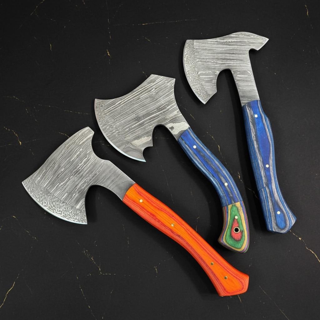 Set of 3 Handcrafted Damascus Steel Hatchets, 9-inch Axes with Pakka Wood & Resin Grips - 2