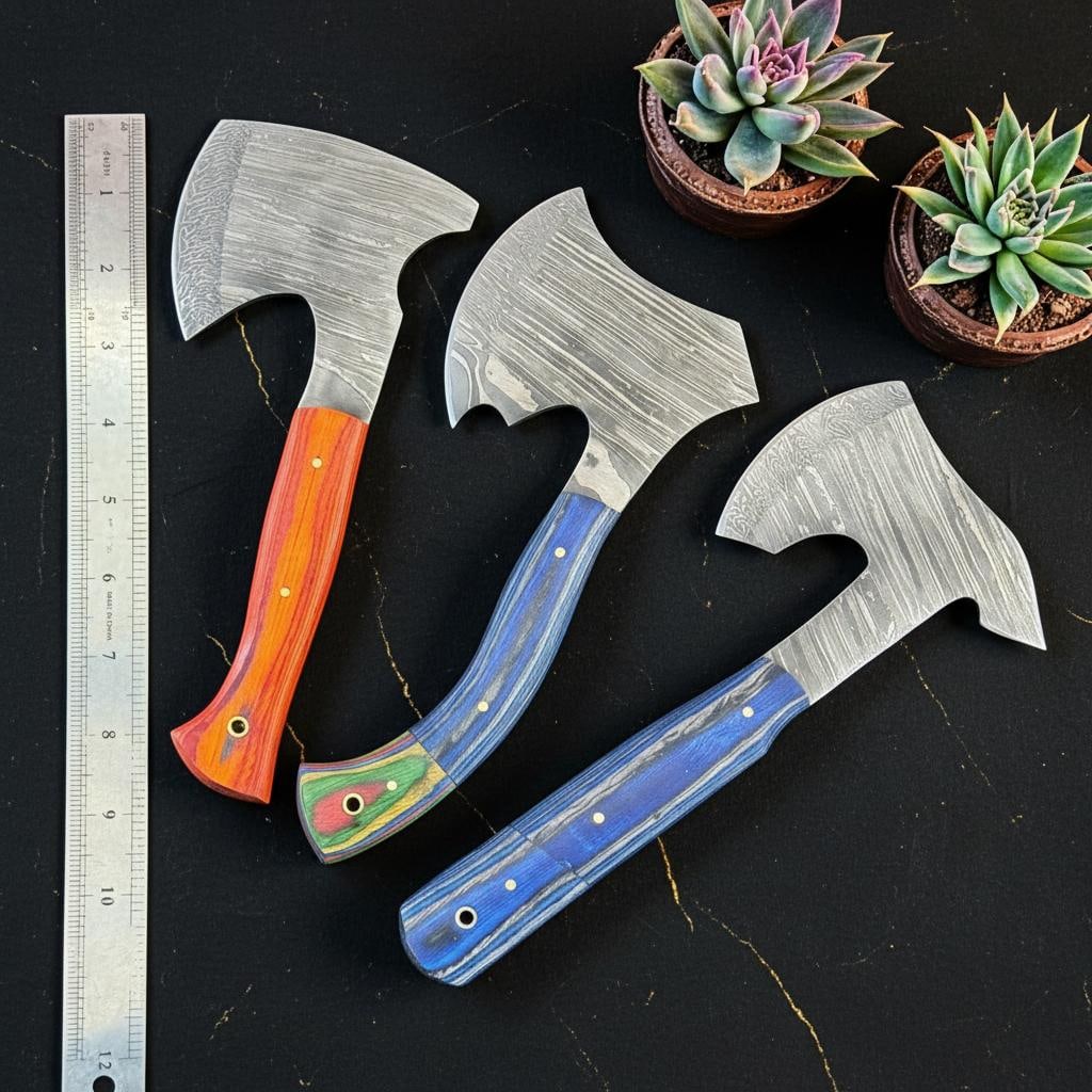 Set of 3 Handcrafted Damascus Steel Hatchets, 9-inch Axes with Pakka Wood & Resin Grips - 6