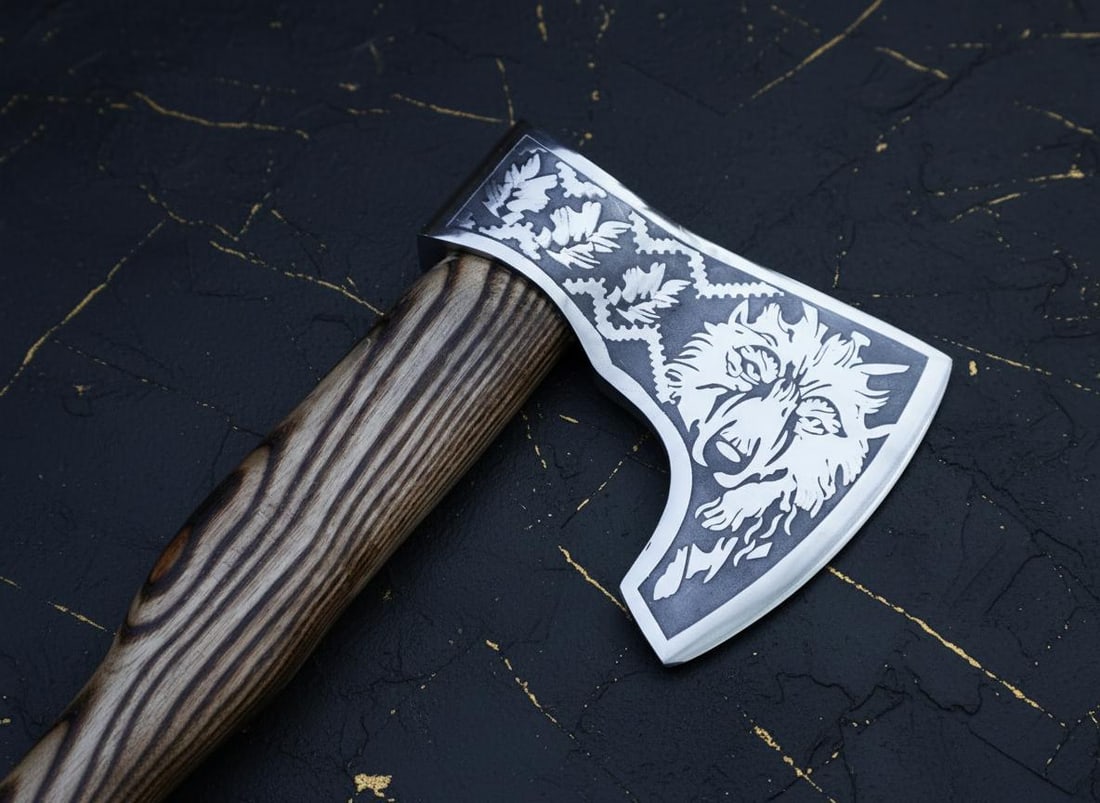 Hand Forged Viking Axe Tomahawk with Engraved Ash Wood Handle & Leather Sheath - 5