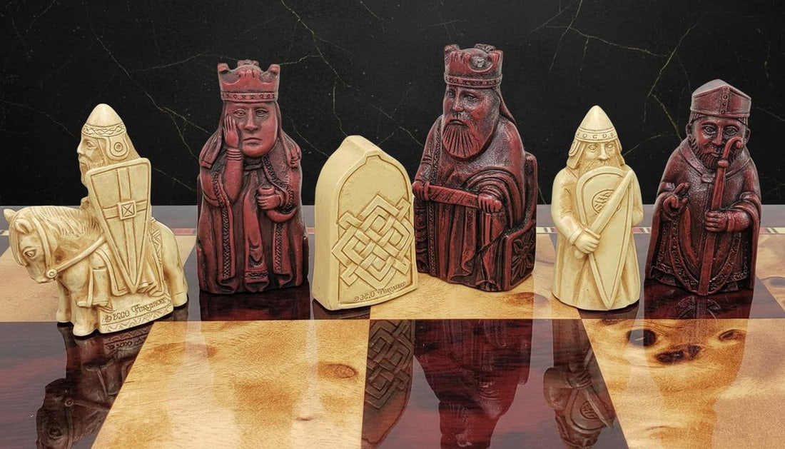 Isle of Lewis Mini Chessmen Set in Red & Antique White, 2 3/8" King, No Board: Title:Isle of Lewis Mini Chessmen Set in Red & Antique White, 2 3/8" King, No BoardDescription:This is a brand new, complete 32 piece set of mini Isle of Lewis chess men, crafted from durable poly