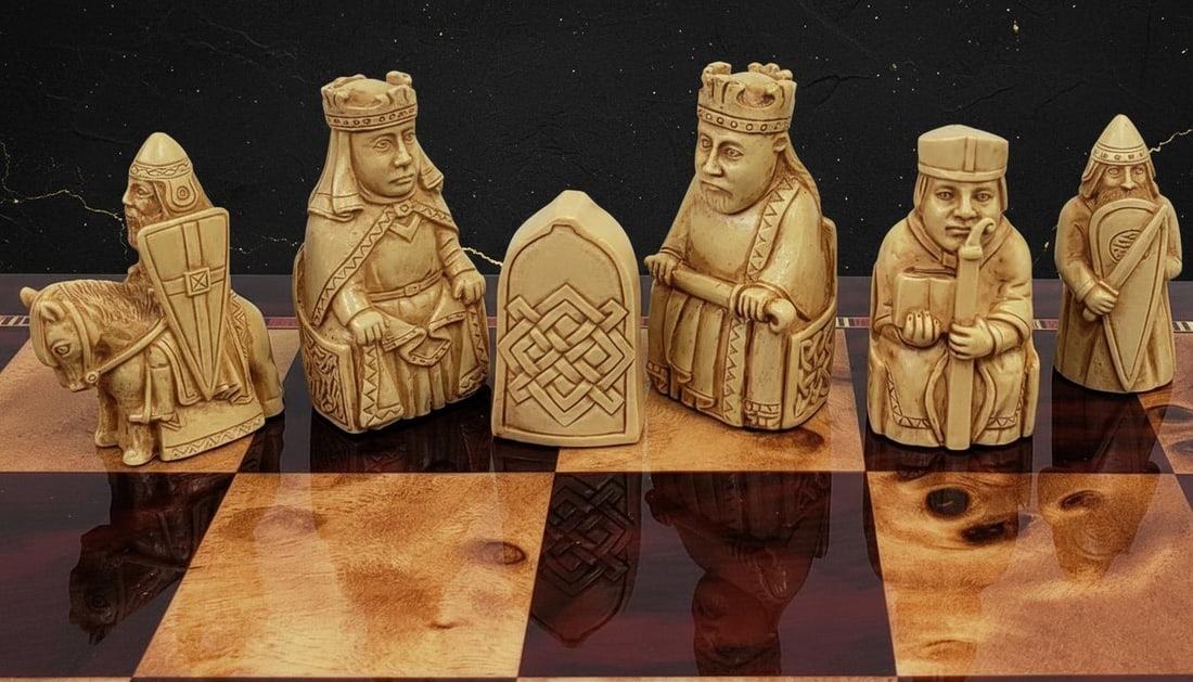 Isle of Lewis Mini Chessmen Set in Red & Antique White, 2 3/8" King, No Board - 6