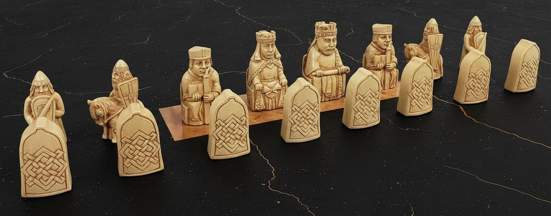 Isle of Lewis Mini Chessmen Set in Red & Antique White, 2 3/8" King, No Board - 7