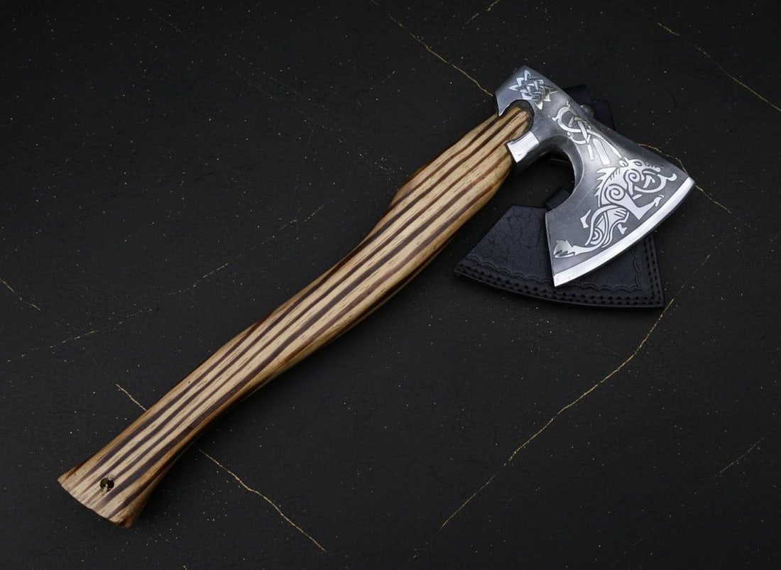 Forged Carbon Steel Viking Axe Tomahawk Hatchet w/ Ash Wood Handle & Sheath - 2