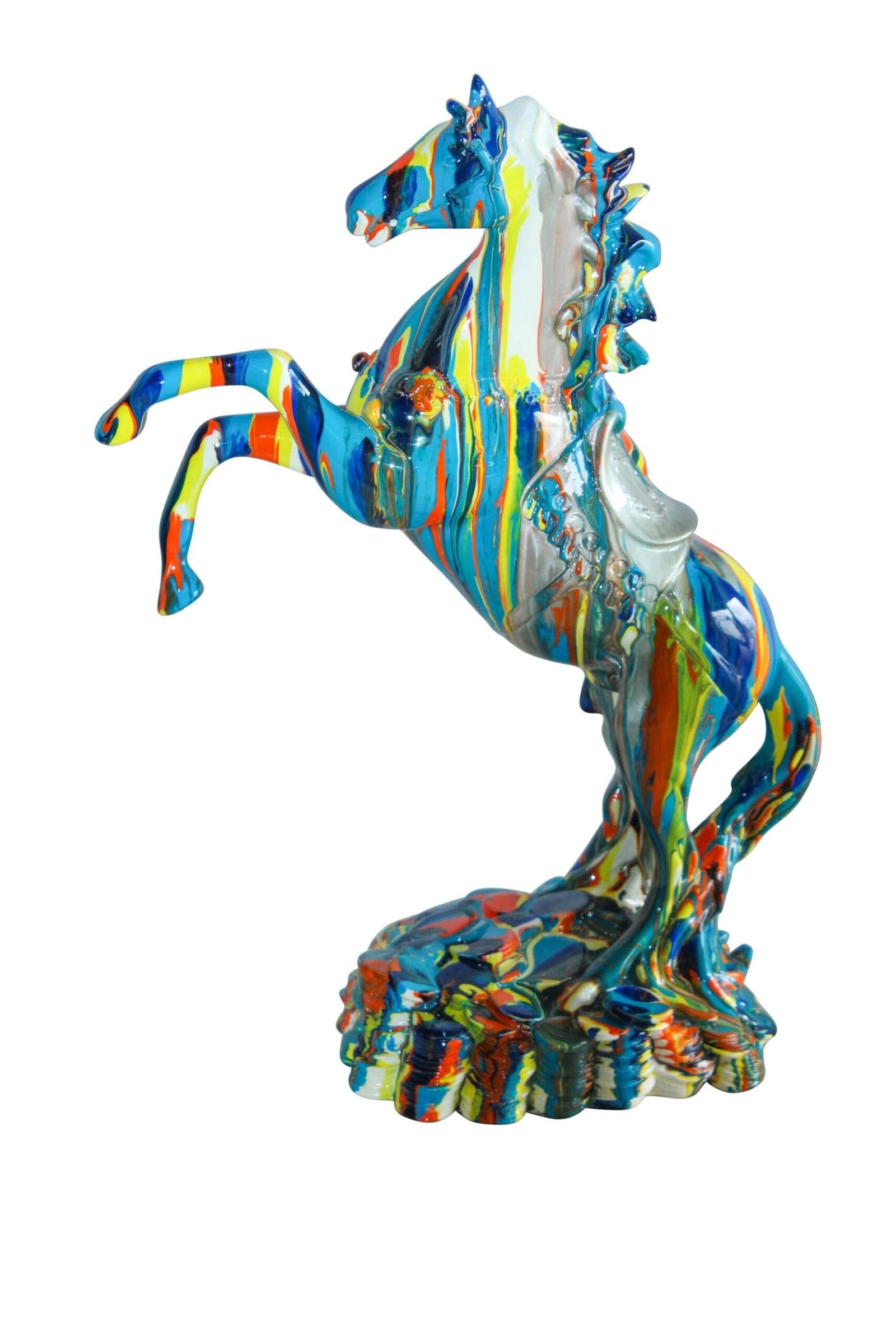 Multicolor Rearing Horse Statue Abstract Art Decor 11" x 6" x 14"H: Title:Multicolor Rearing Horse Statue Abstract Art Decor 11" x 6" x 14"HDescription:Striking modern horse statue with bold, flowing colors of yellow, blue, orange, and teal in a rearing pose on a