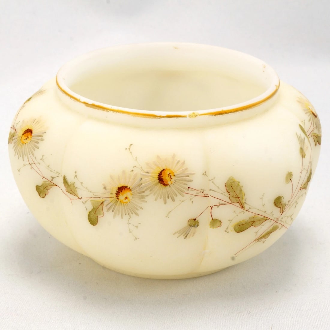 19th C Opaline Glass Dresser Bowl: Title:19th C Opaline Glass Dresser BowlSize:4 in (10.2 cm) diameter x 2 1/2 in (6.4 cm) tall.Description:A glass dresser box with delicately hand-painted daisies and a ribbed body and by the Smith