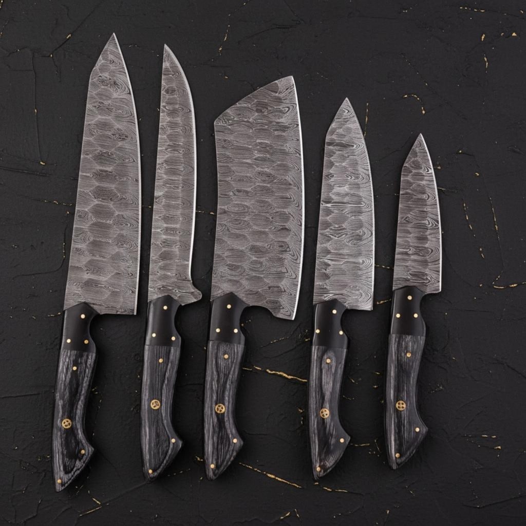 Handmade 5-Piece Damascus Steel Chef Knife Set Kitchen Knives with Leather Sheath - 2