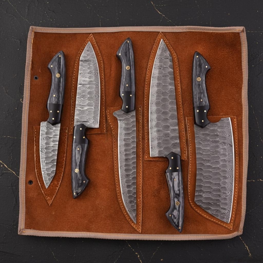 Handmade 5-Piece Damascus Steel Chef Knife Set Kitchen Knives with Leather Sheath - 3
