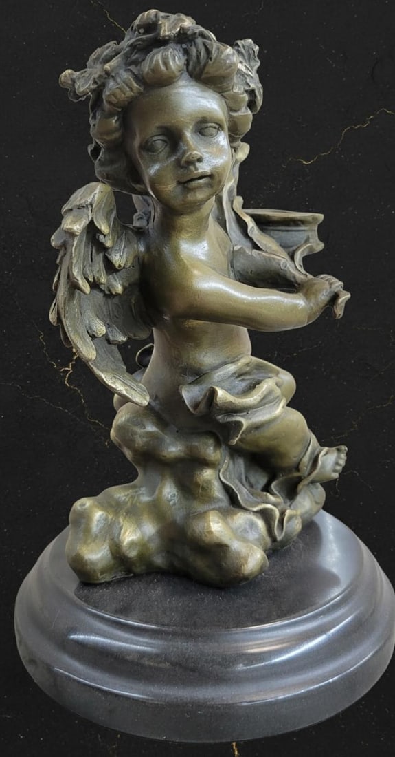 Signed A. Moreau Bronze Cherub Candlestick Sculpture on Marble Base Art Nouveau Style - 2