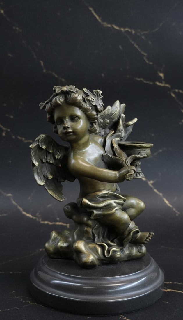 Signed A. Moreau Bronze Cherub Candlestick Sculpture on Marble Base Art Nouveau Style - 3