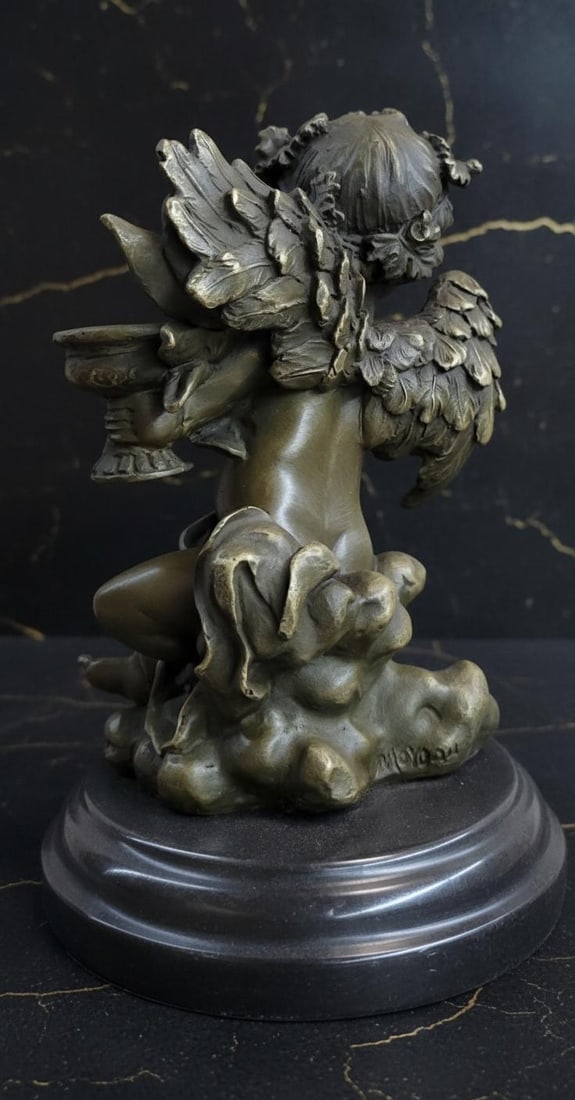 Signed A. Moreau Bronze Cherub Candlestick Sculpture on Marble Base Art Nouveau Style - 4