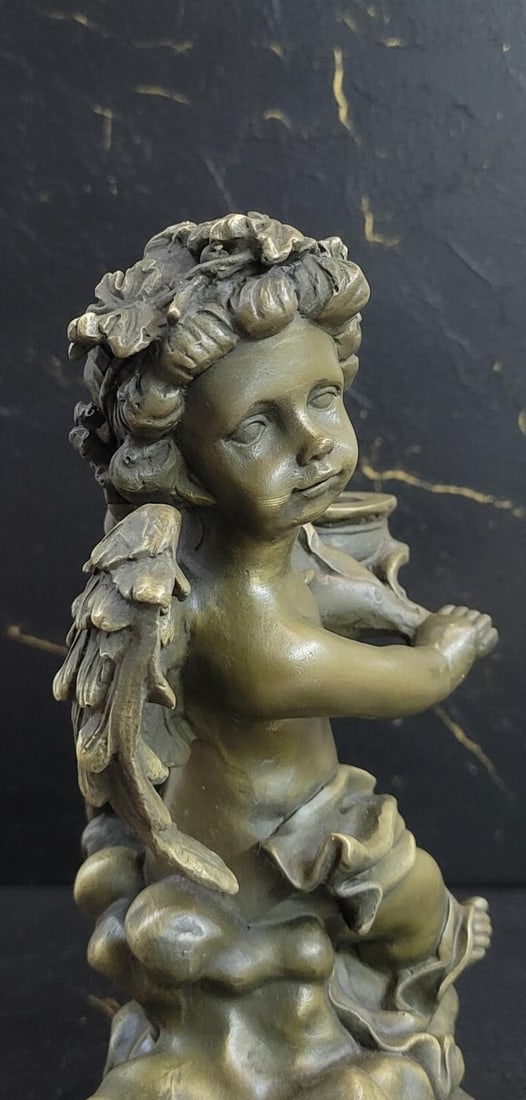 Signed A. Moreau Bronze Cherub Candlestick Sculpture on Marble Base Art Nouveau Style - 7