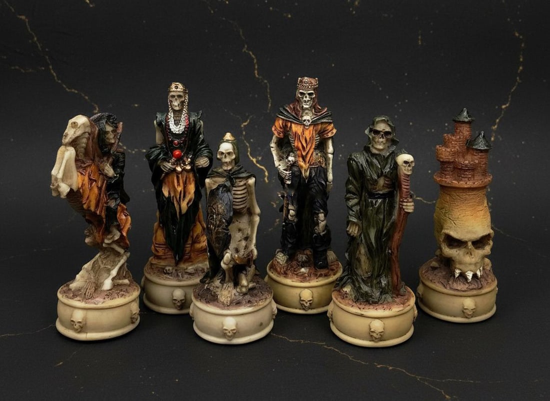 Hand Painted Gothic Skull Chess Pieces, 32 Piece Skeleton Slayer Fantasy Set, No Board - 2