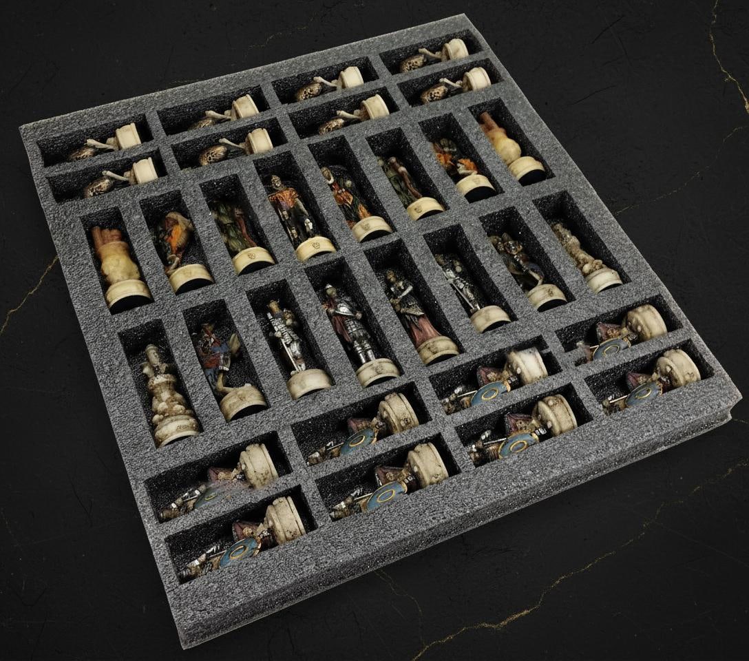 Hand Painted Gothic Skull Chess Pieces, 32 Piece Skeleton Slayer Fantasy Set, No Board - 3