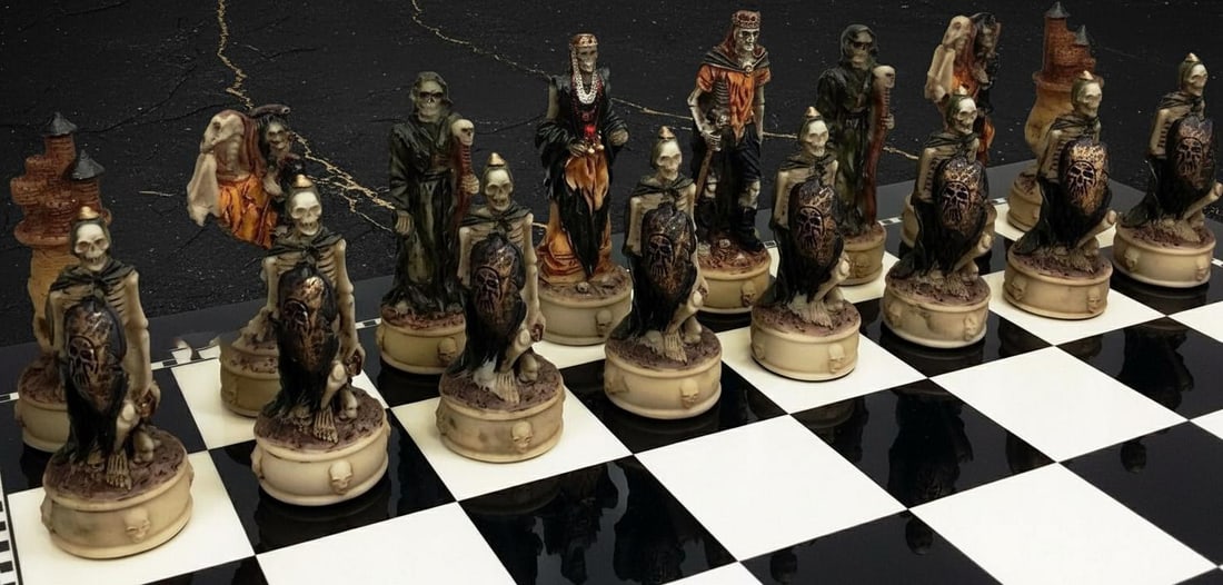 Hand Painted Gothic Skull Chess Pieces, 32 Piece Skeleton Slayer Fantasy Set, No Board - 4