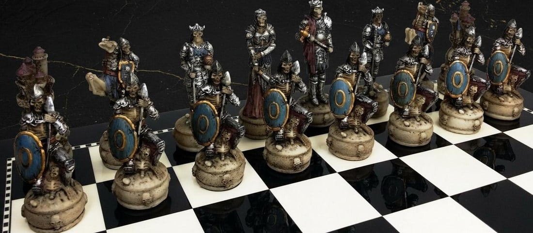 Hand Painted Gothic Skull Chess Pieces, 32 Piece Skeleton Slayer Fantasy Set, No Board - 5