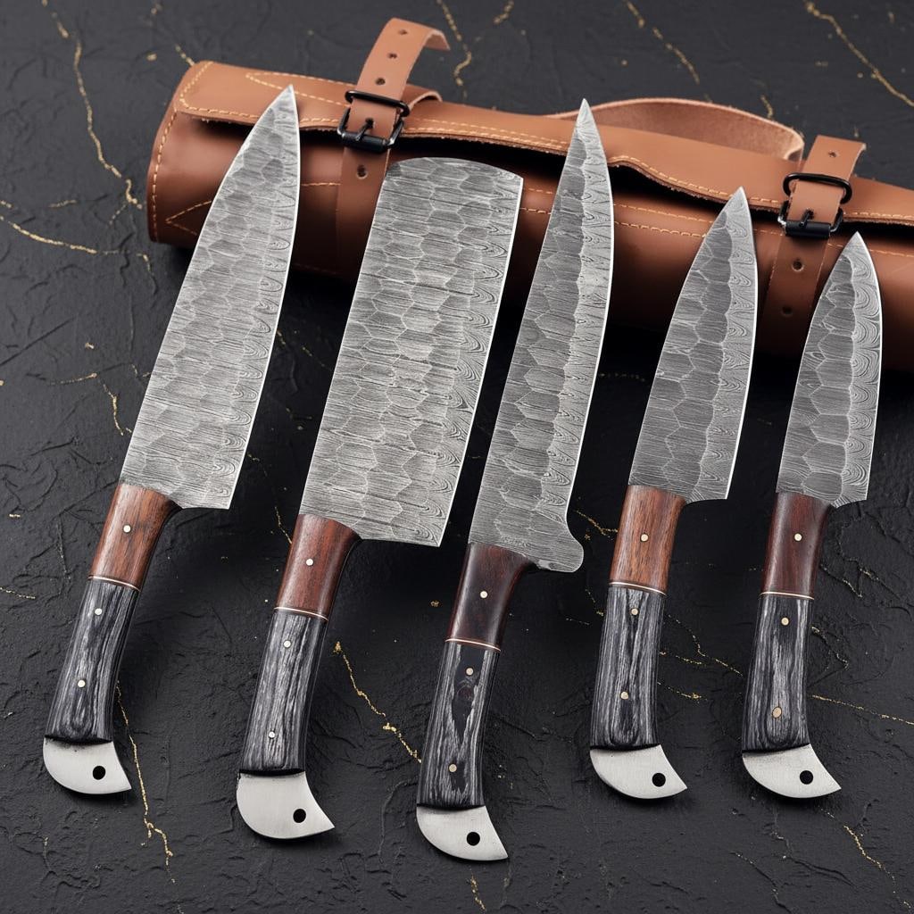 Custom Hand Forged Damascus Kitchen Knife Set, 5-Piece with Rosewood Handles (1 of 8)