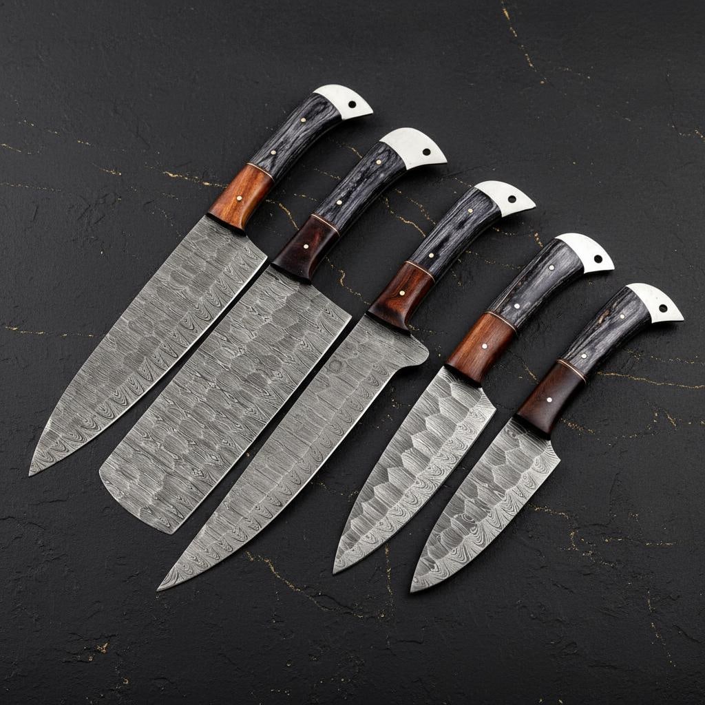 Custom Hand Forged Damascus Kitchen Knife Set, 5-Piece with Rosewood Handles - 3